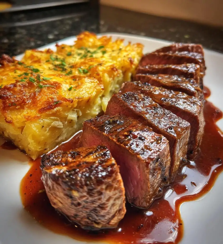 Smörmörad oxfilé med rödvinssås och potatisgratäng