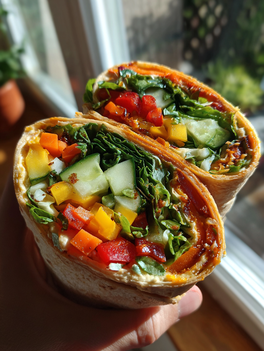 kid school lunch ideas: Delicious Rainbow Veggie Wraps with Hummus