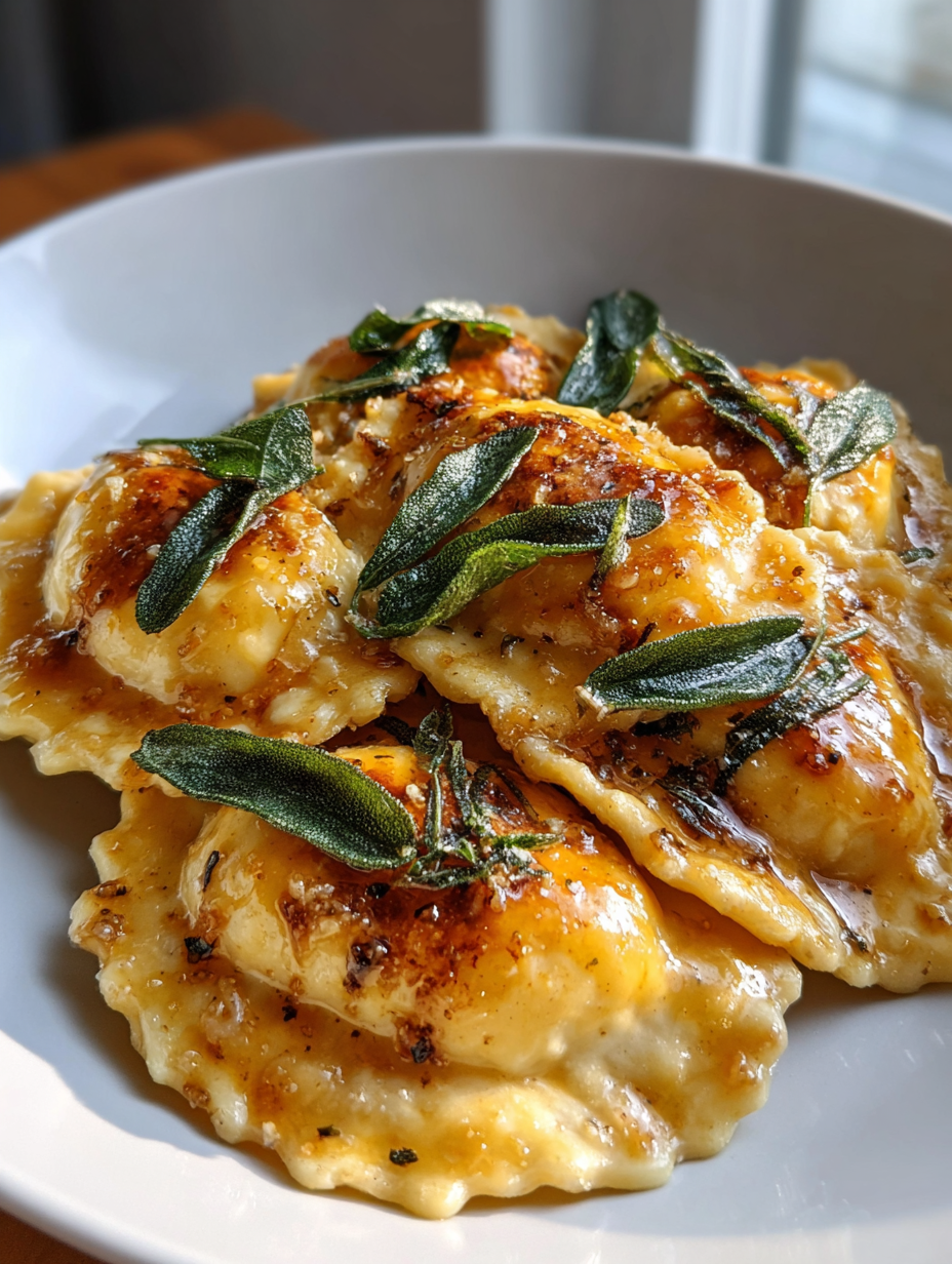 pumpkin ravioli with brown butter sage sauce: deliciously creamy filling